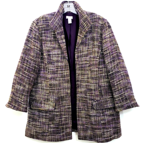 CHICOS Tweed Longline Plum/Green/Silver Metalic Blazer / Jacket - Picture 7 of 16